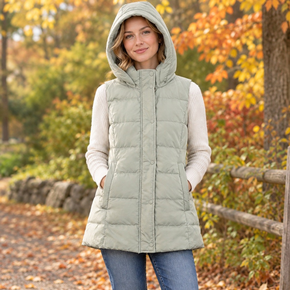 J. Jill Down Vest Women Puffer Hooded Long Quilted Tan XS Petite